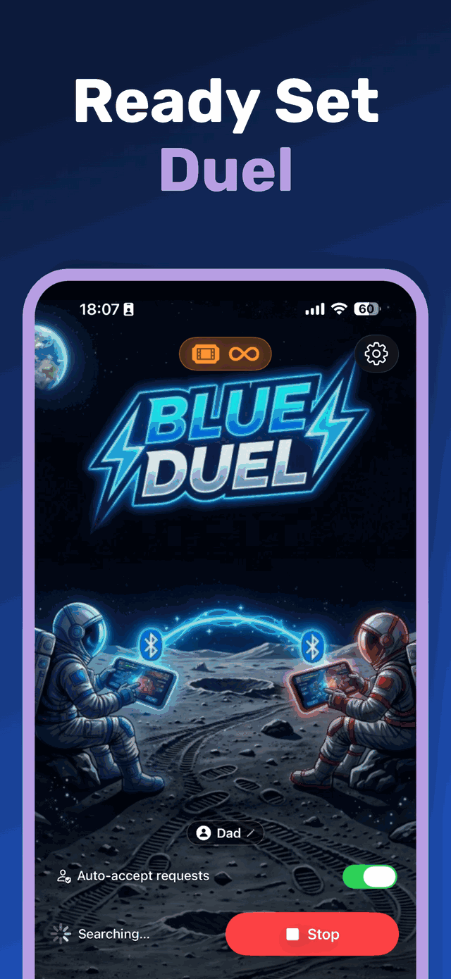 Blue Duel lobby screen searching over Bluetooth for a nearby player.