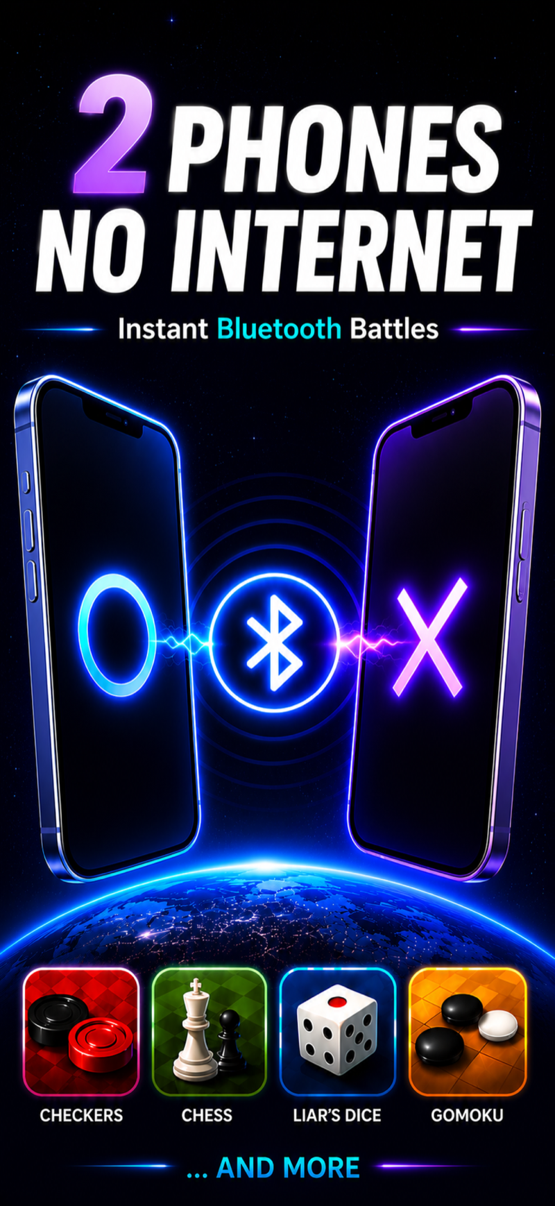 A ‘2 Phones, No Internet — Instant Bluetooth Battles’ headline above two iPhones linked by a glowing Bluetooth bolt. One screen shows a Tic Tac Toe O glyph, the other an X. A row of game tiles beneath — Checkers, Chess, Liar's Dice, Gomoku — plus a ‘… and more’ chip teases the rest of the catalog.