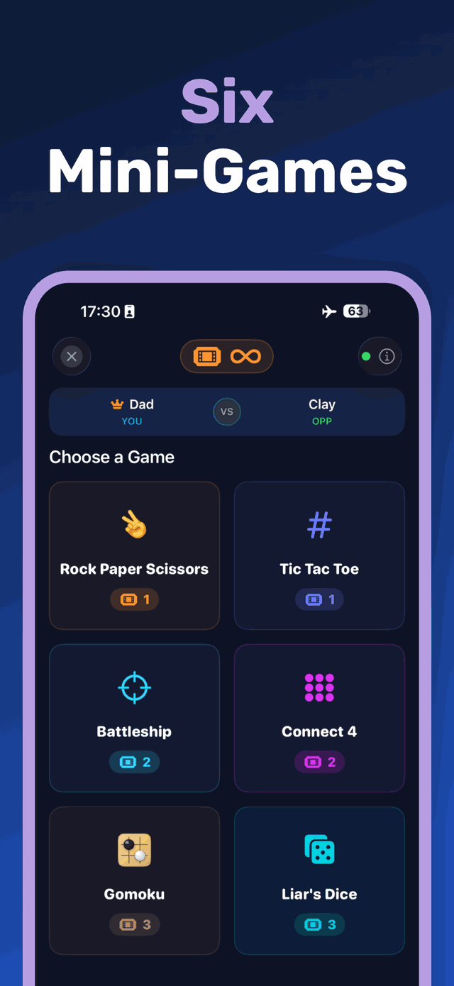 Game picker showing Rock Paper Scissors, Tic Tac Toe, Battleship, Connect 4, Gomoku, and Liar's Dice.