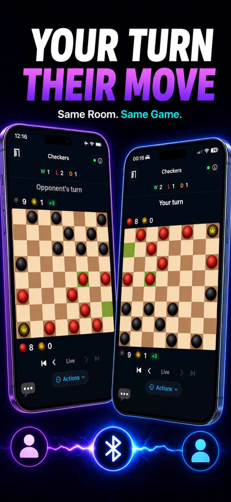 ‘Your Turn, Their Move — Same Room. Same Game.’ Two iPhones side by side, both showing the same Checkers position from opposite seats. A Bluetooth pairing graphic links the two devices at the bottom.