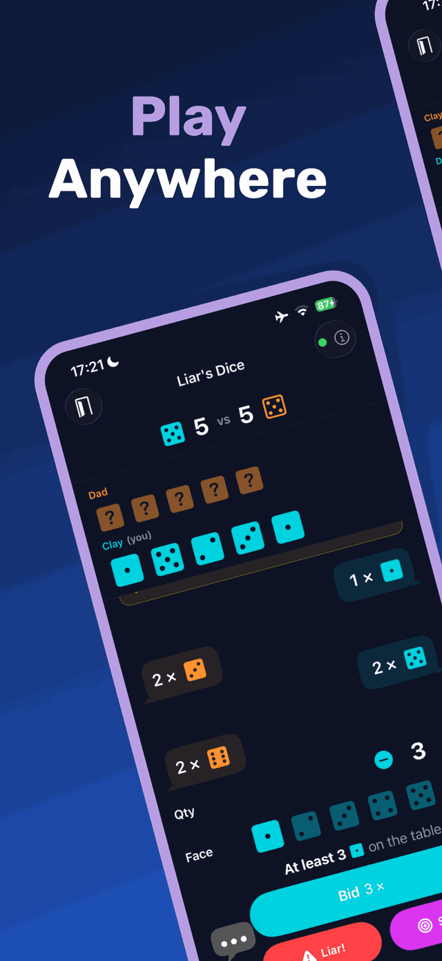 A round of Liar's Dice in progress with a bid panel at the bottom of the screen.