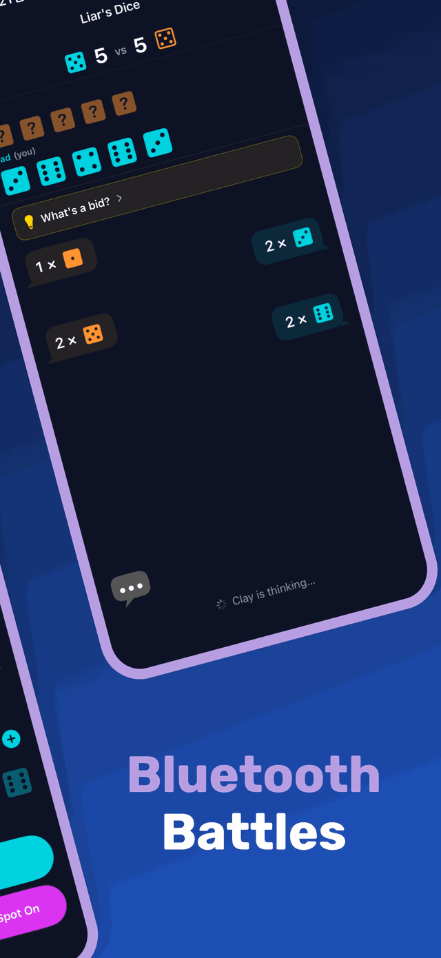 Liar's Dice bidding panel — two phones linked over Bluetooth while an opponent takes their turn.