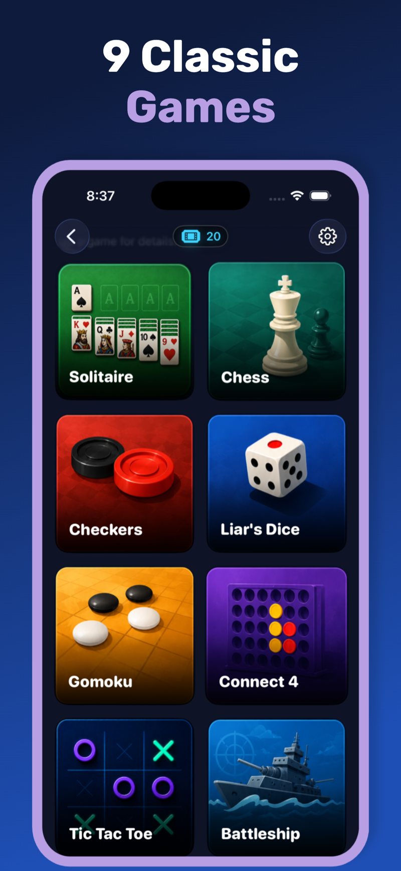 A ‘9 Classic Games’ headline above the game library grid: Solitaire, Chess, Checkers, Liar's Dice, Gomoku, Connect 4, Tic Tac Toe, Battleship — each with its own illustrated tile.