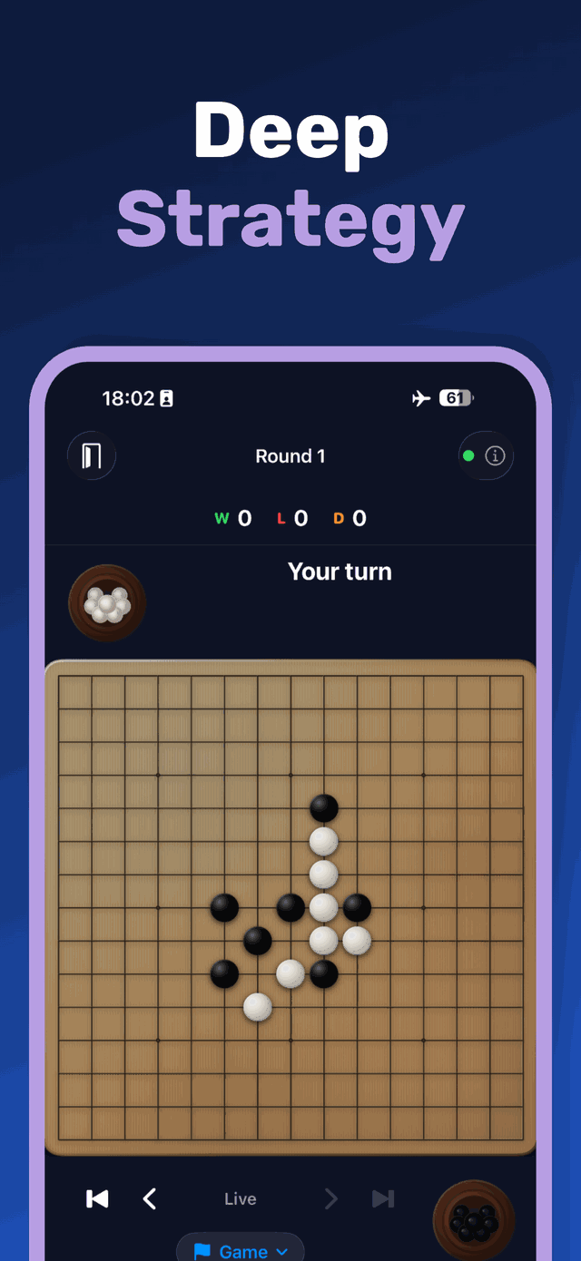 Gomoku board mid‑game with black and white stones in an emerging strategic pattern.