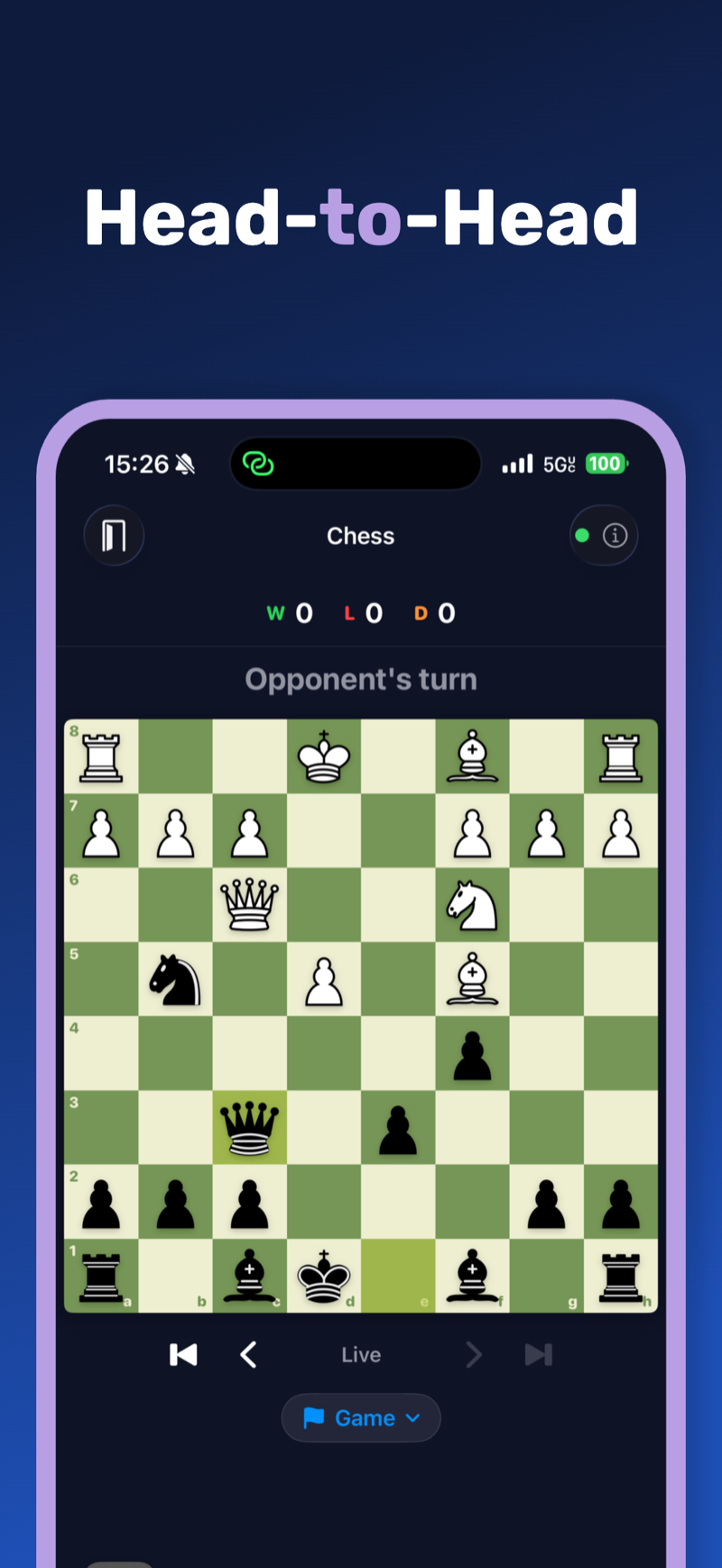 A Chess game mid‑match under a ‘Head‑to‑Head’ headline. Black and white pieces are deployed across the board, with an ‘Opponent's turn’ indicator and a live‑play replay scrubber below.
