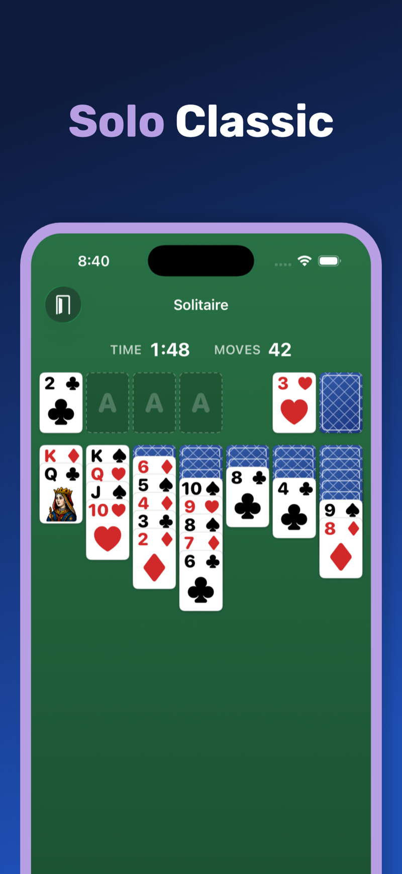 A ‘Solo Classic’ headline above a Solitaire game on a green felt background. Foundations on the left wait for the four Aces; a draw pile sits on the right; seven tableau columns cascade down the middle in alternating red and black runs.