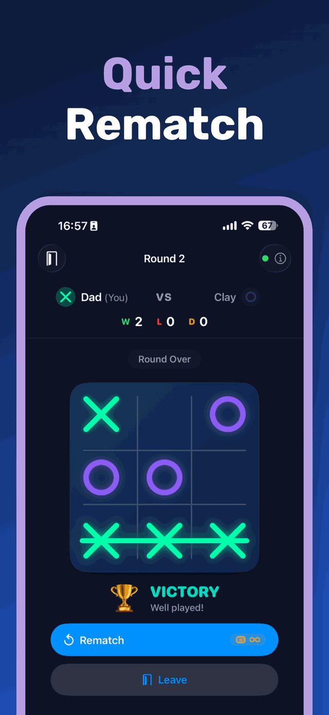 Tic Tac Toe round won by three Xs in a row with a rematch button at the bottom.