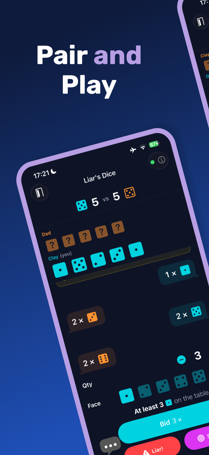 A ‘Pair and Play’ headline above a Liar's Dice round in progress. The phone is angled with a second phone partially visible — together with the next image it shows two phones side by side in a Bluetooth match.