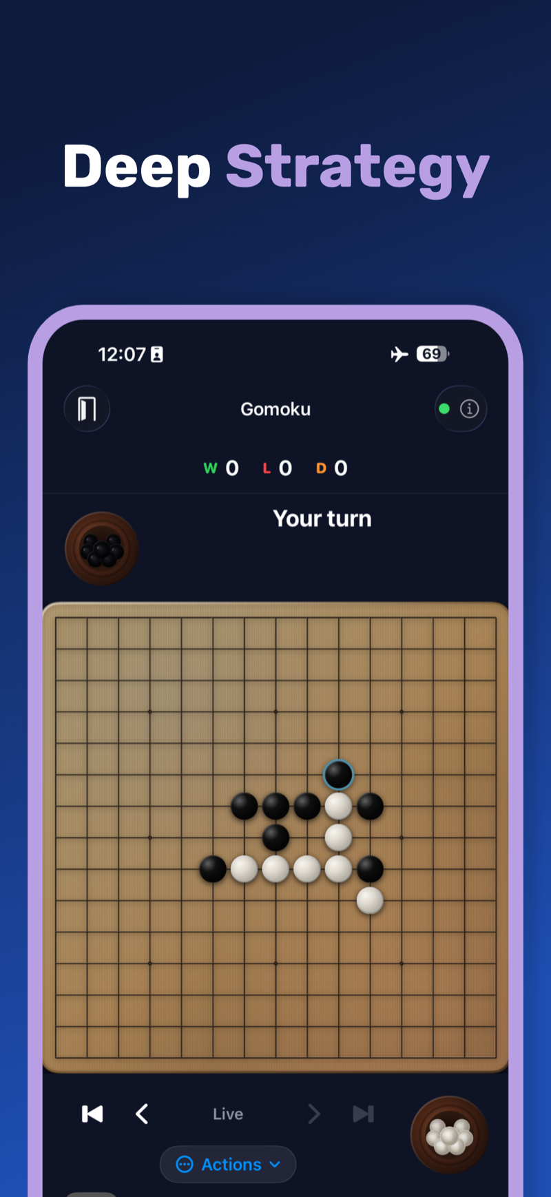 A Gomoku board mid‑game under a ‘Deep Strategy’ headline, with black and white stones forming the early shape of a five‑in‑a‑row battle.