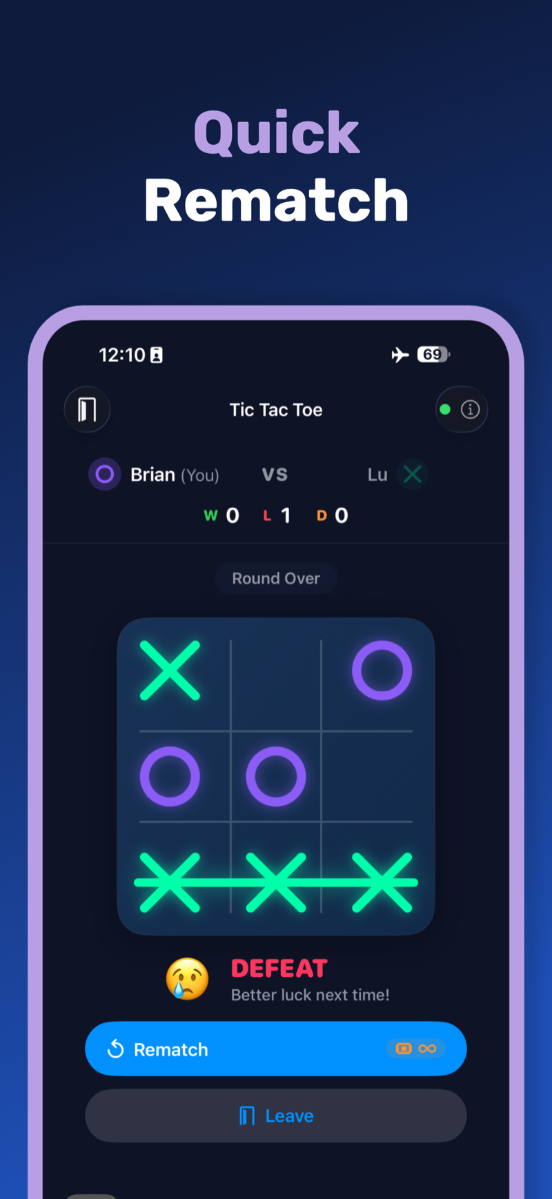 A Tic Tac Toe round‑over screen under a ‘Quick Rematch’ headline. A glowing line crosses three X's; a Rematch button sits below the result, ready for the next round.